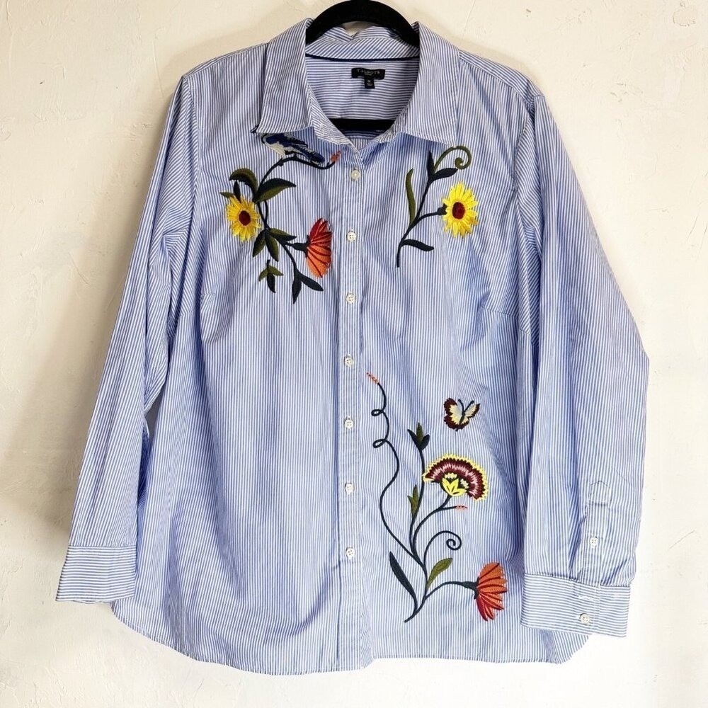 Talbots Blue Striped Floral Embroidered Button Down Shirt Women's Plus Size 1X